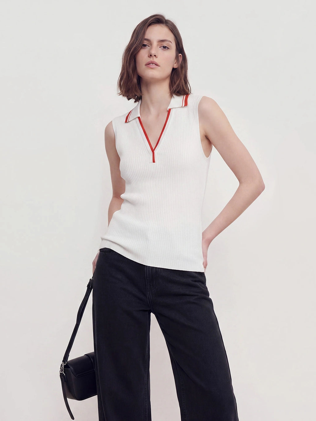 Ribbed Polo Collar V Neck Top