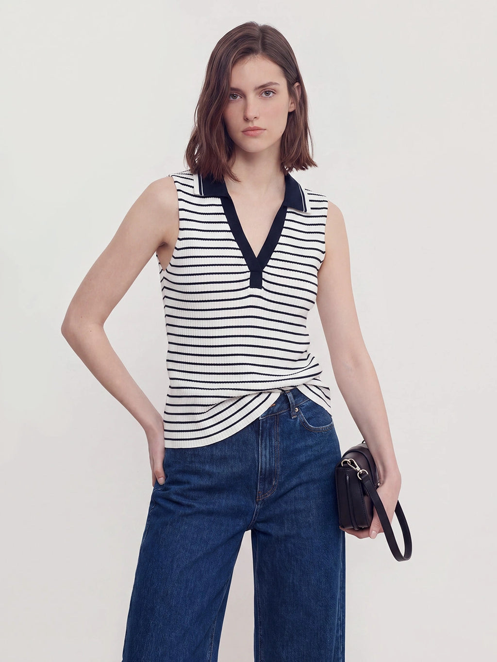 Ribbed Polo Collar V Neck Top