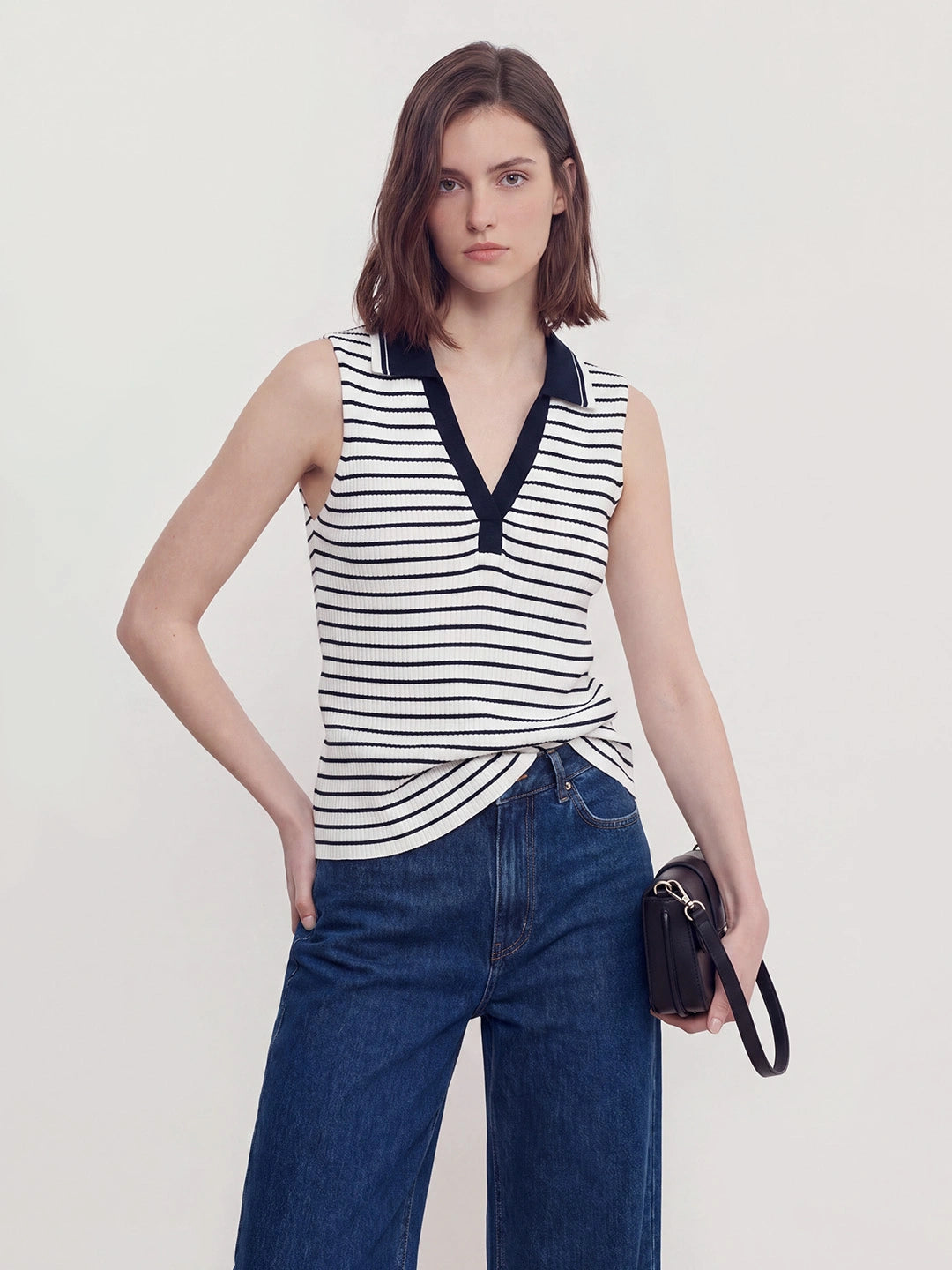 Ribbed Polo Collar V Neck Top