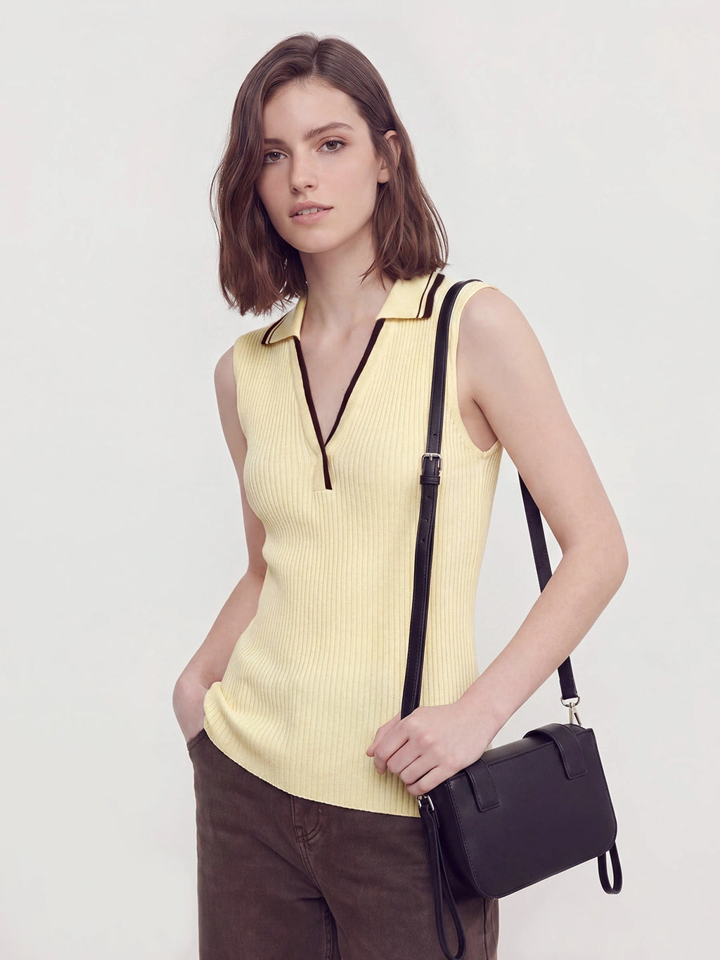 Ribbed Polo Collar V Neck Top