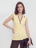Ribbed Polo Collar V Neck Top