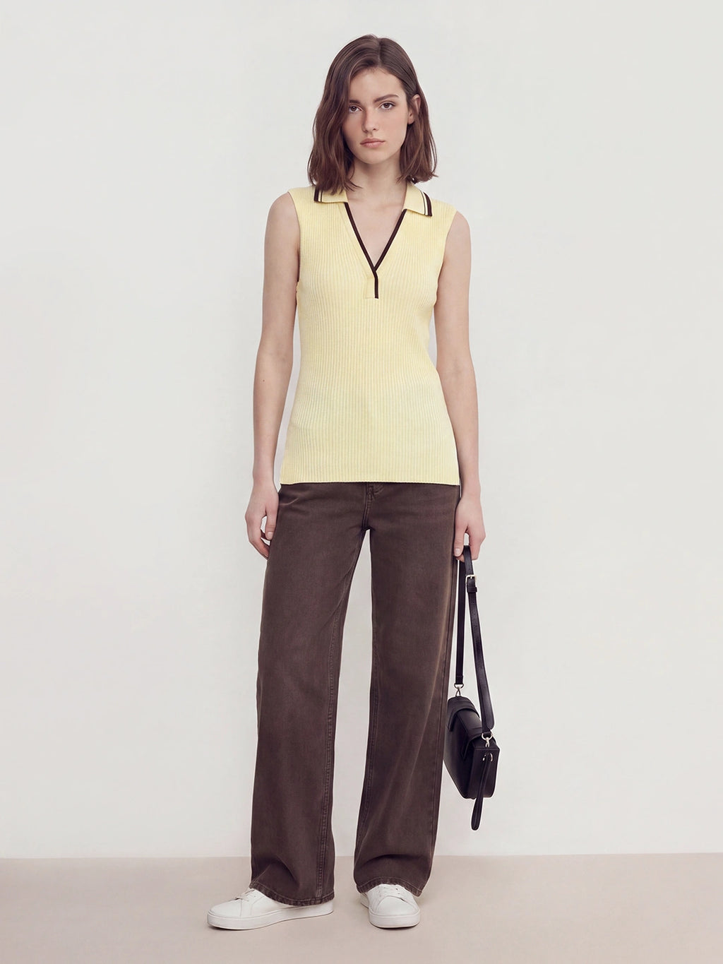 Ribbed Polo Collar V Neck Top