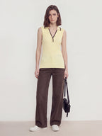 Ribbed Polo Collar V Neck Top