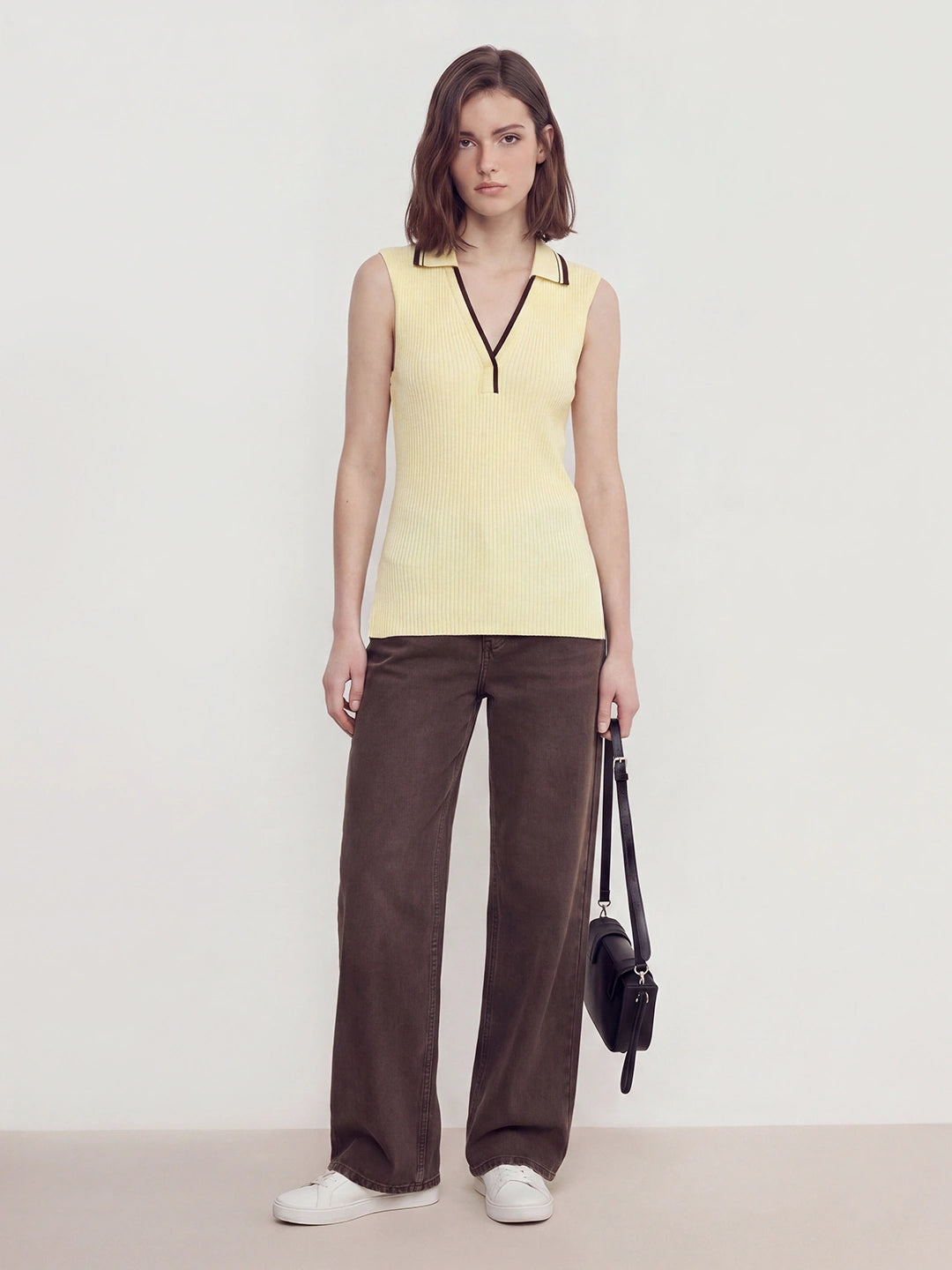 Ribbed Polo Collar V Neck Top