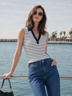 Ribbed Polo Collar V Neck Top