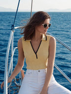 Ribbed Polo Collar V Neck Top