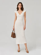 Romantic Pointelle Knit Ruffle Sleeve Midi Dress