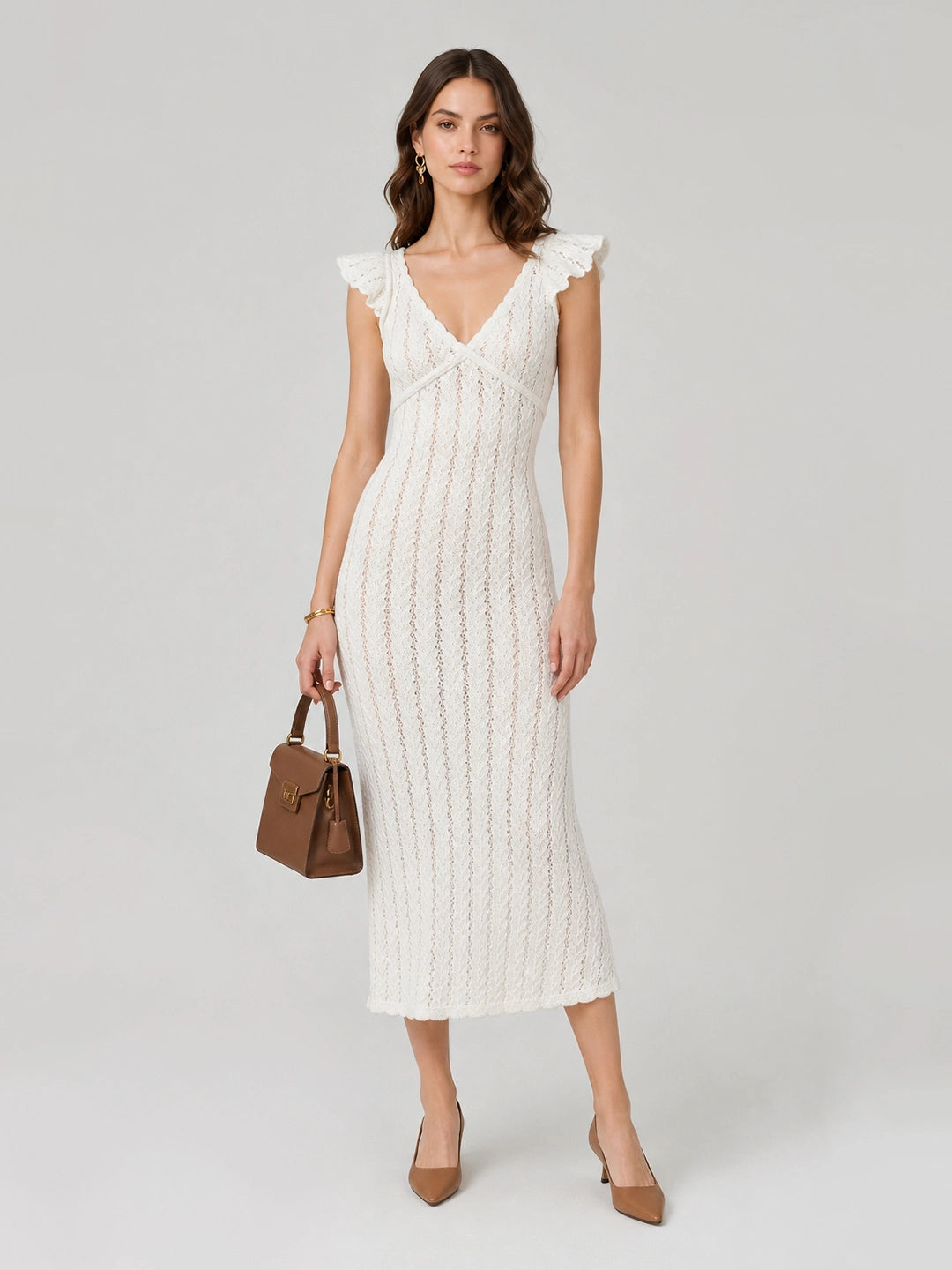 Romantic Pointelle Knit Ruffle Sleeve Midi Dress