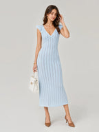 Romantic Pointelle Knit Ruffle Sleeve Midi Dress