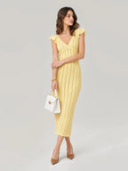 Romantic Pointelle Knit Ruffle Sleeve Midi Dress