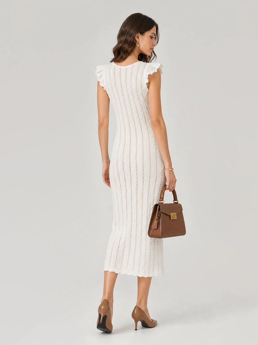 Romantic Pointelle Knit Ruffle Sleeve Midi Dress