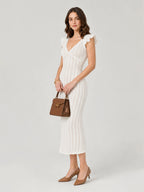 Romantic Pointelle Knit Ruffle Sleeve Midi Dress