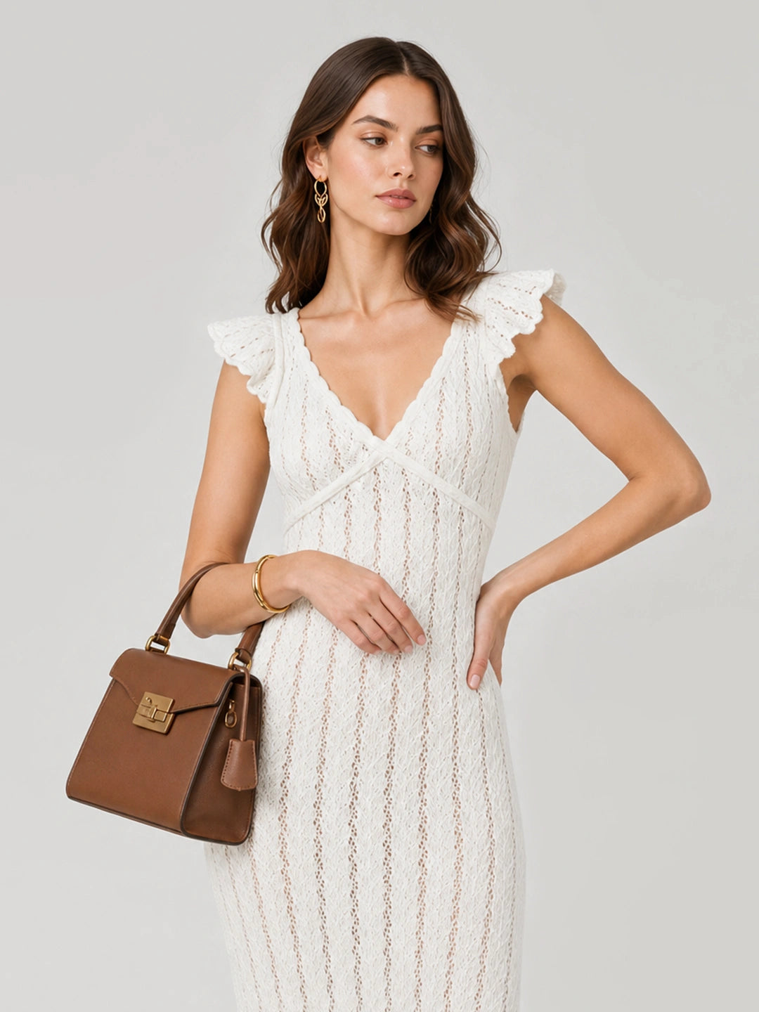 Romantic Pointelle Knit Ruffle Sleeve Midi Dress