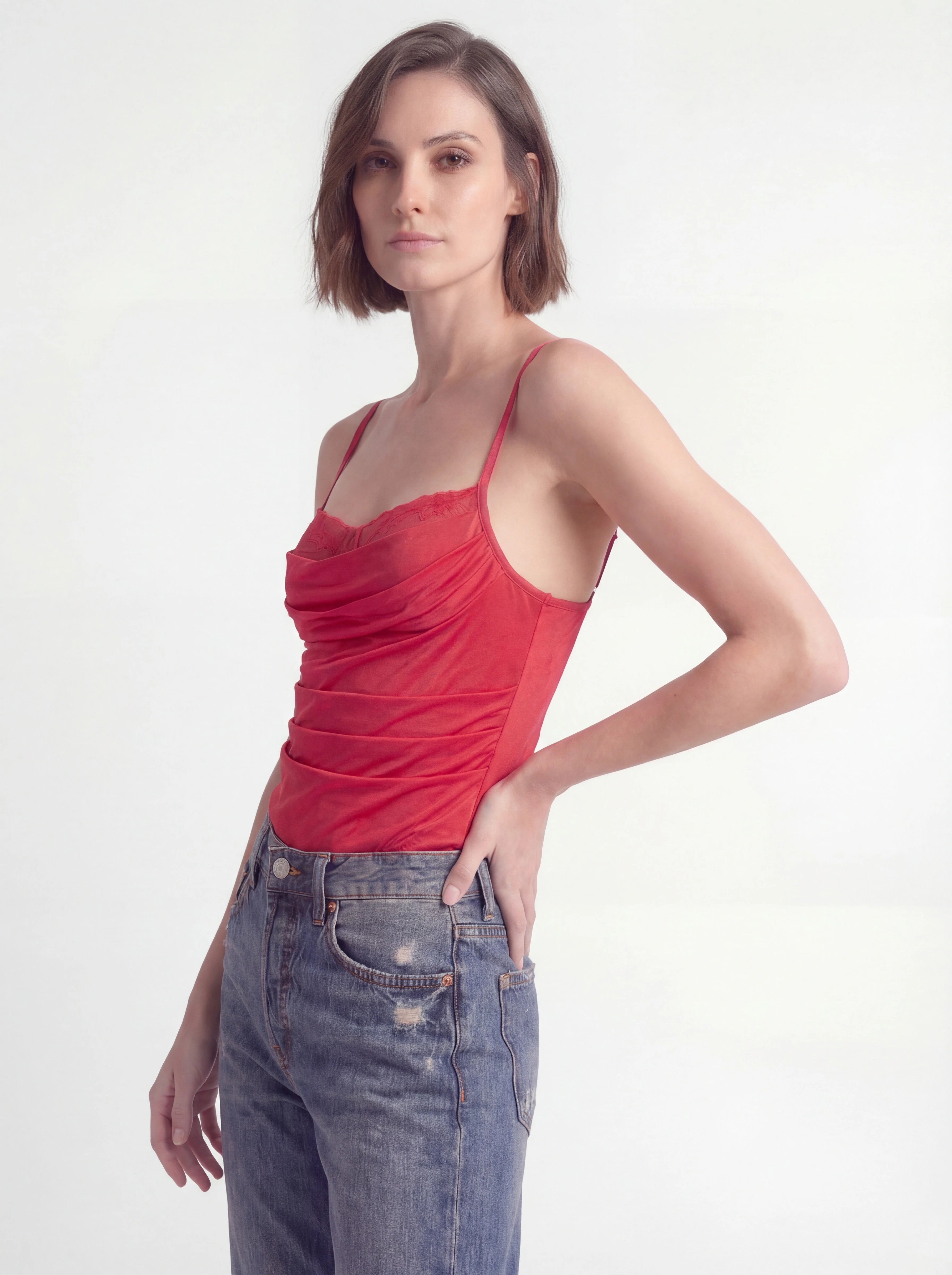 Ruched Mesh Lace-Trim Corset Bodysuit