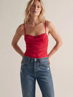 Ruched Mesh Lace-Trim Corset Bodysuit