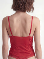 Ruched Mesh Lace-Trim Corset Bodysuit