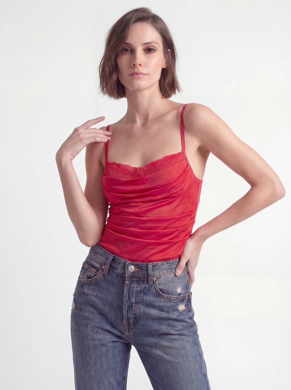 Ruched Mesh Lace-Trim Corset Bodysuit