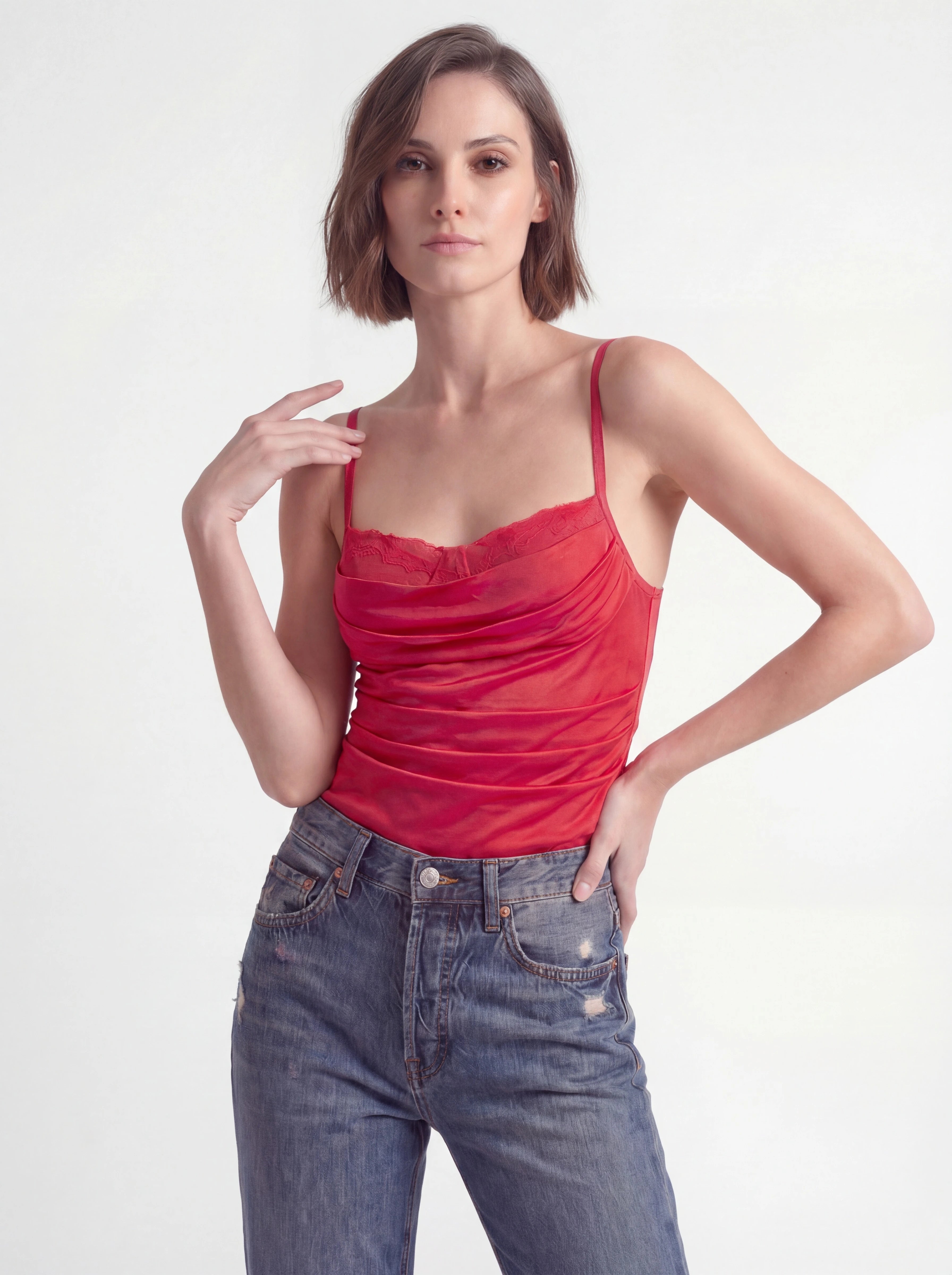 Ruched Mesh Lace-Trim Corset Bodysuit