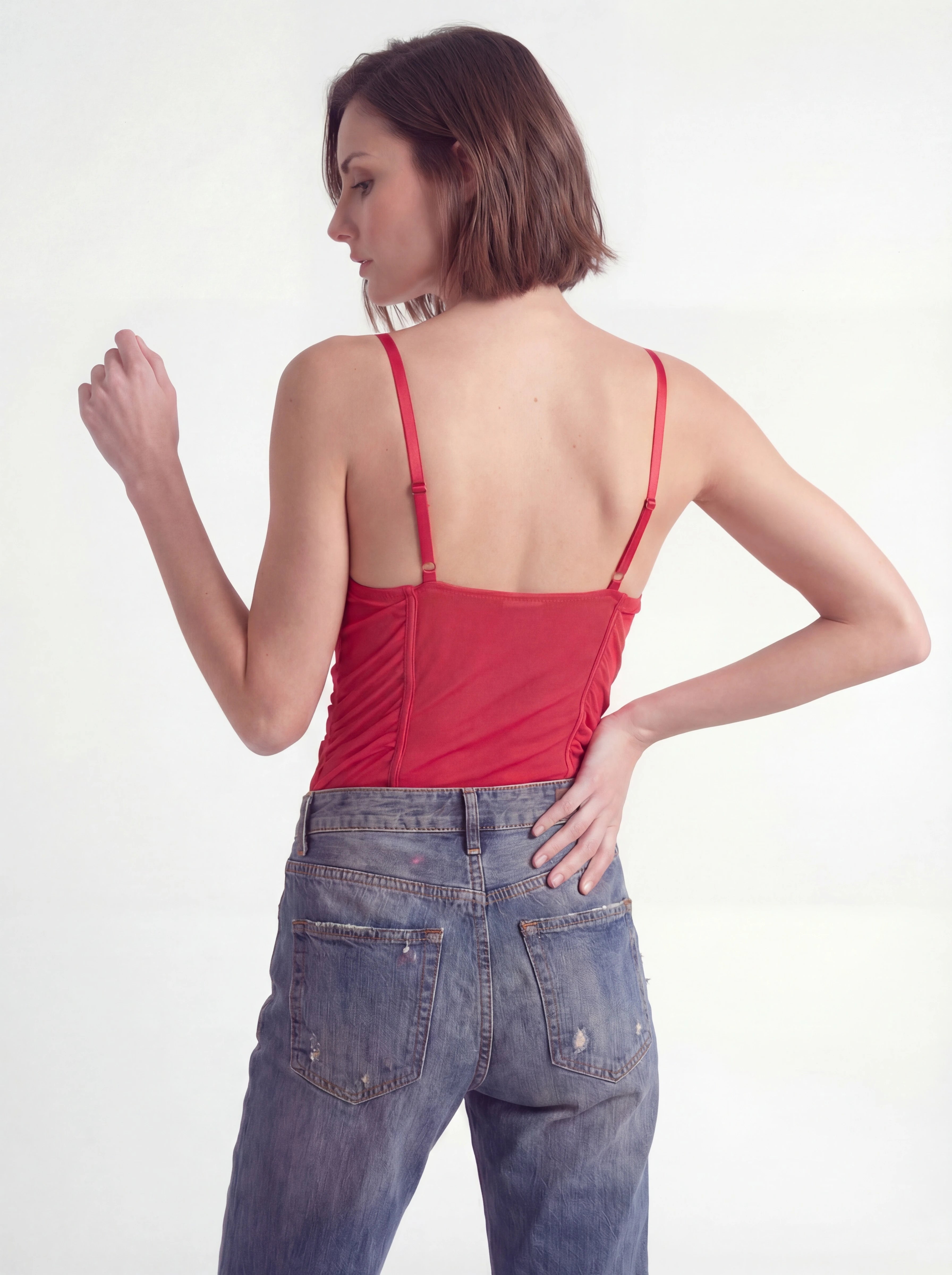 Ruched Mesh Lace-Trim Corset Bodysuit