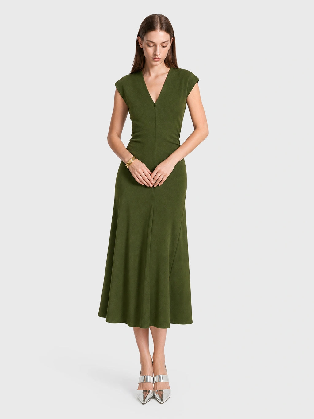 Ruched V-Neck Midi Drape Dress