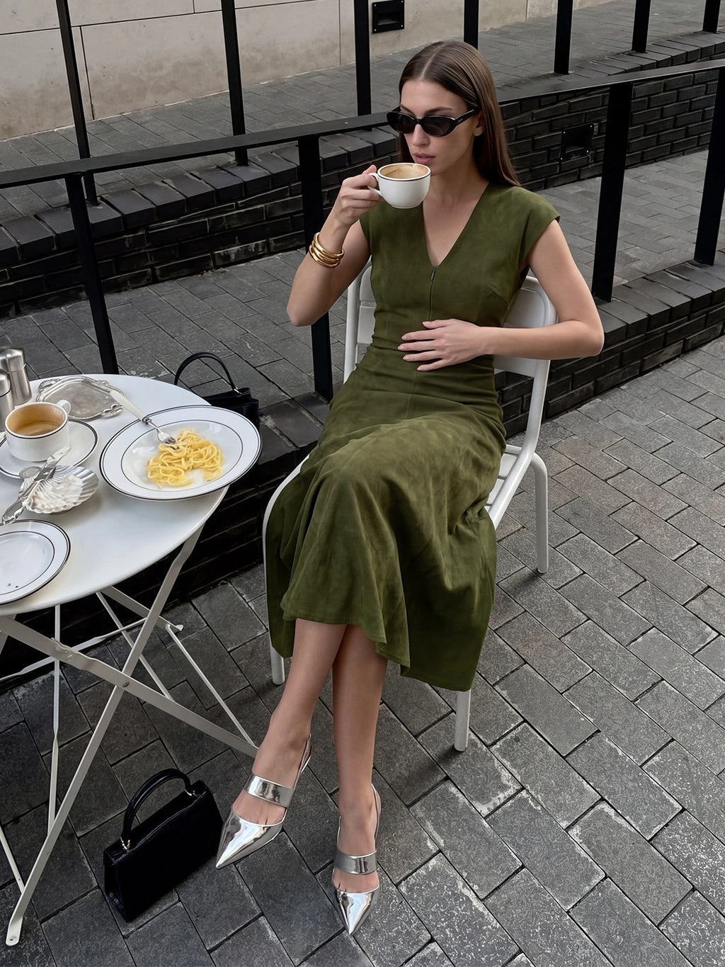Ruched V-Neck Midi Drape Dress
