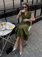 Ruched V-Neck Midi Drape Dress