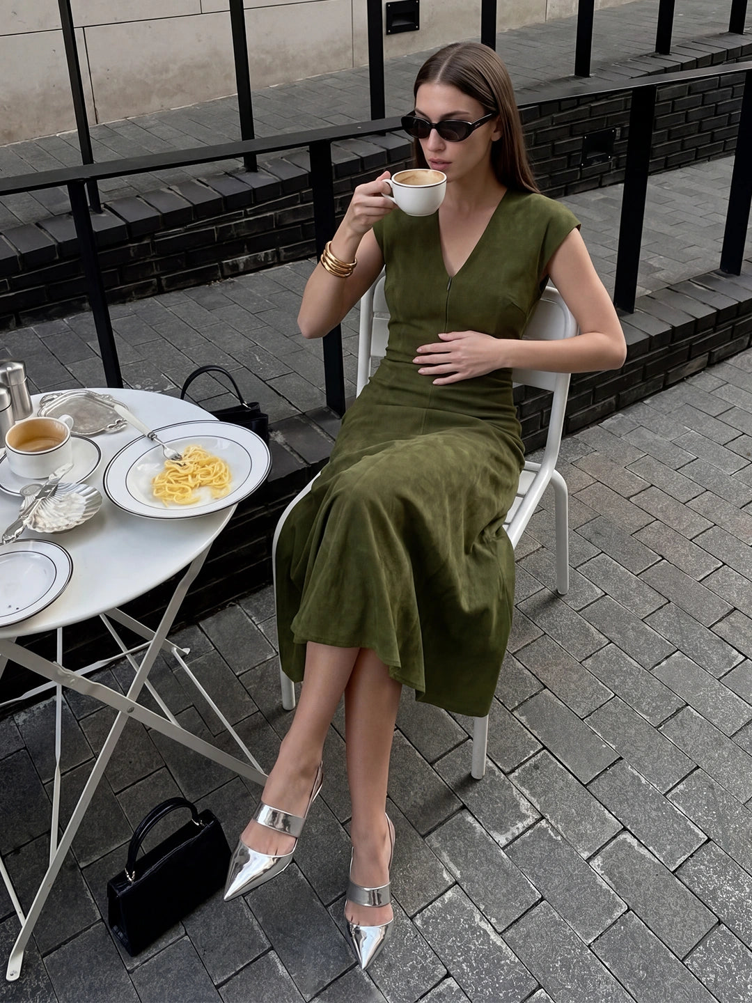Ruched V-Neck Midi Drape Dress