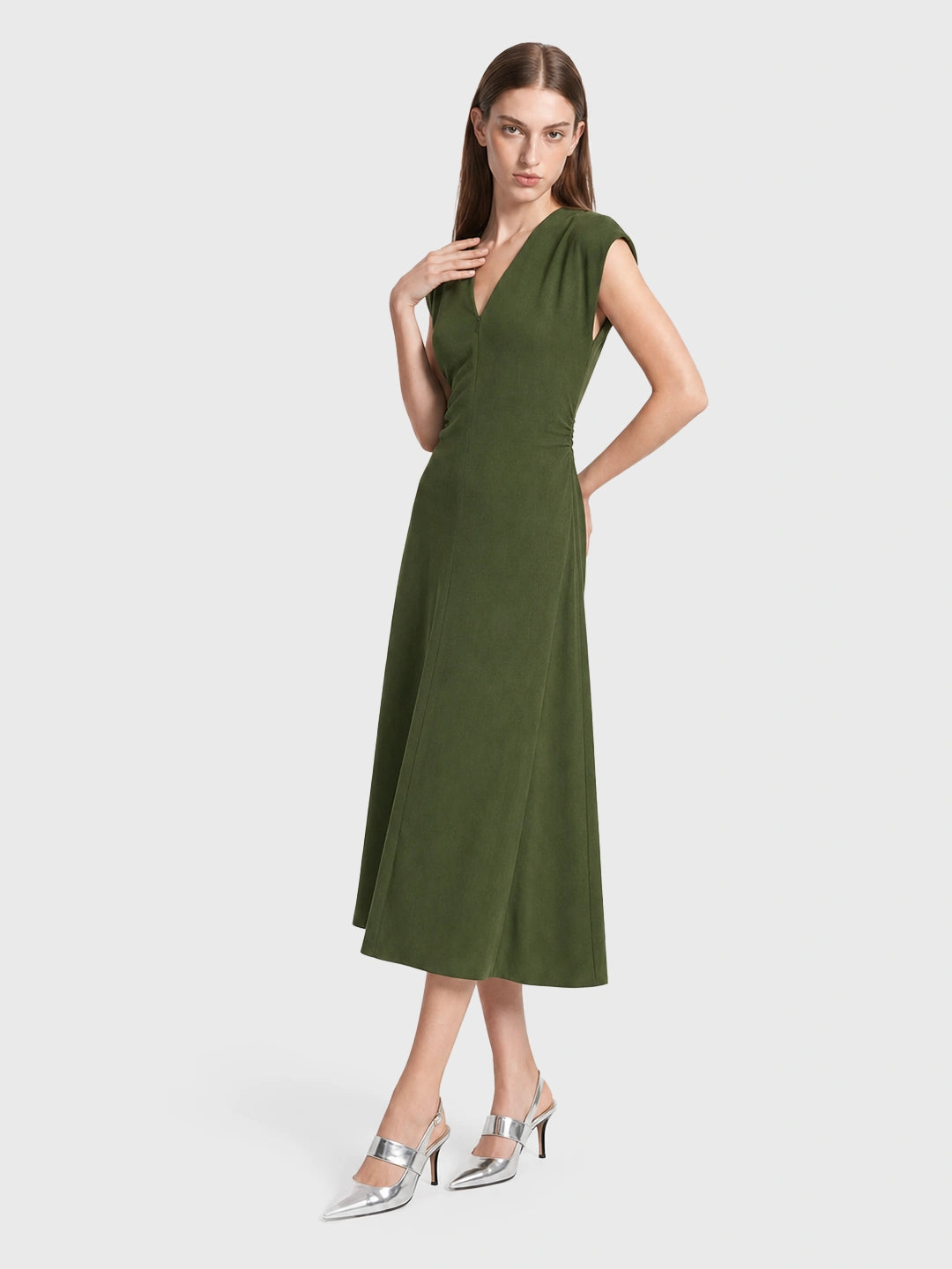 Ruched V-Neck Midi Drape Dress Secondary image