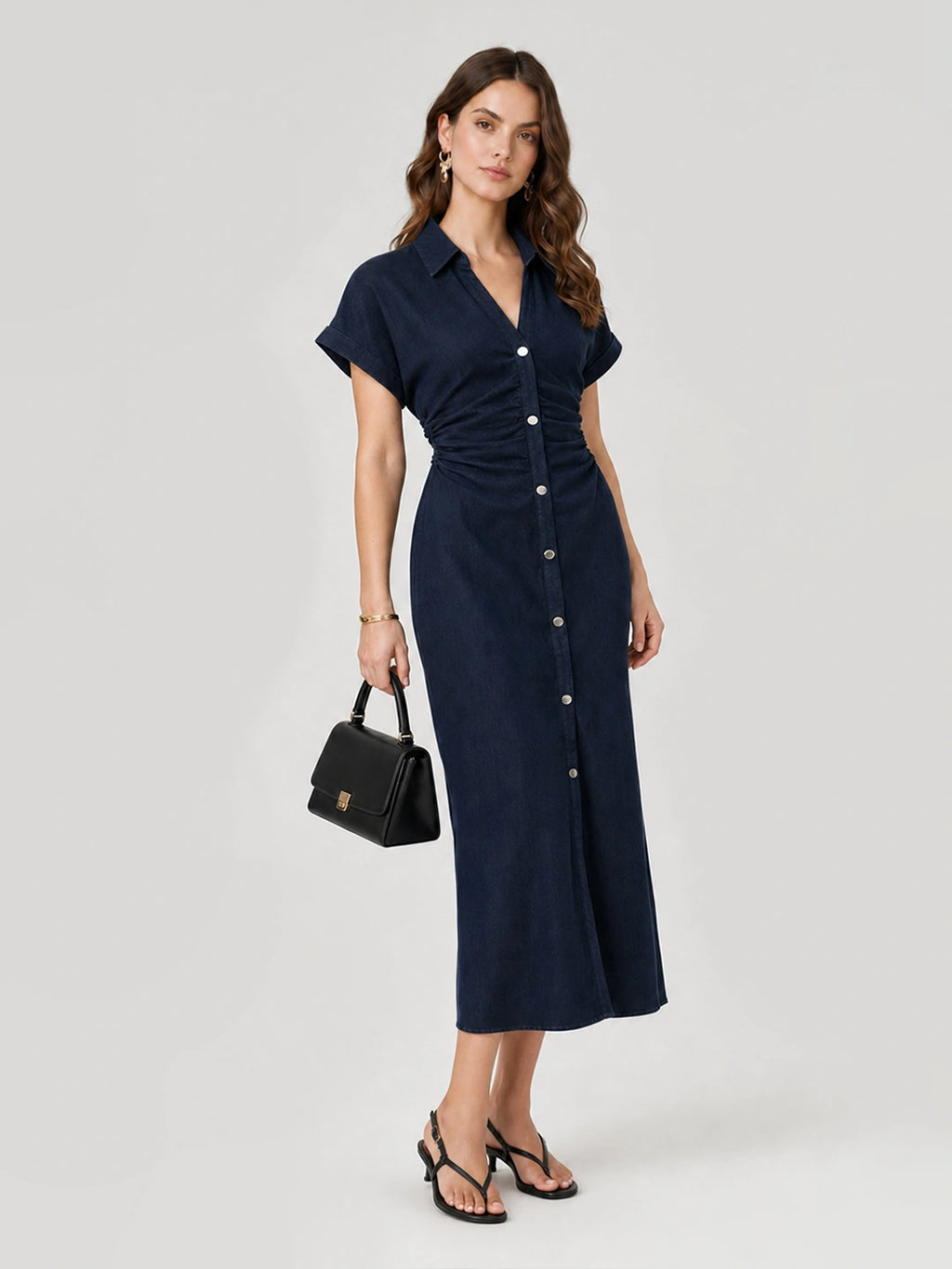 Ruched Waist Button-Down Denim Midi Dress