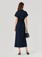 Ruched Waist Button-Down Denim Midi Dress