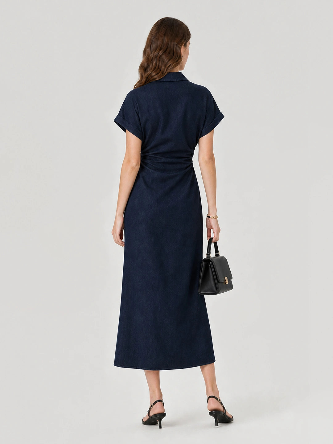 Ruched Waist Button-Down Denim Midi Dress
