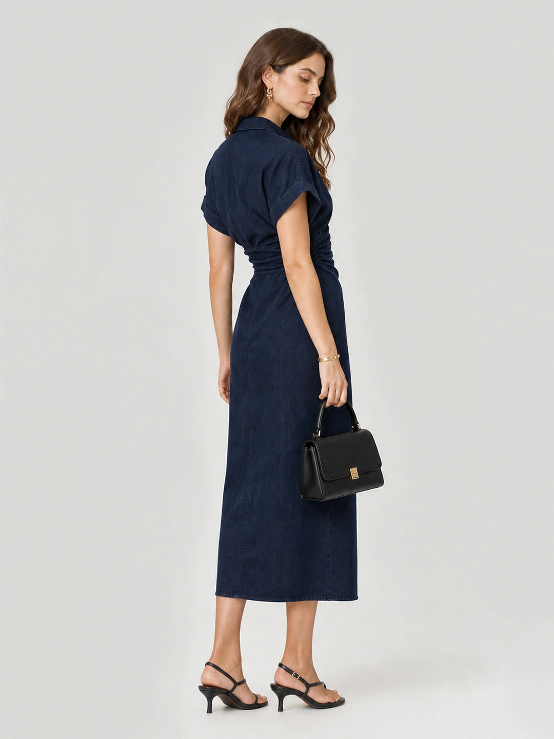 Ruched Waist Button-Down Denim Midi Dress Secondary image
