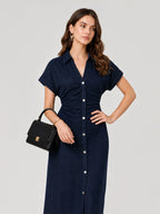 Ruched Waist Button-Down Denim Midi Dress