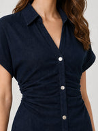 Ruched Waist Button-Down Denim Midi Dress