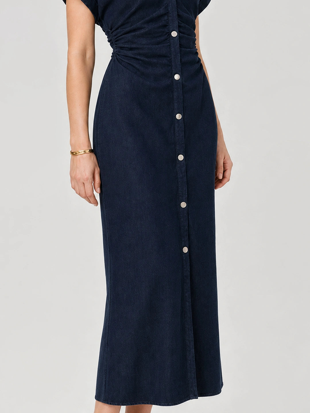 Ruched Waist Button-Down Denim Midi Dress