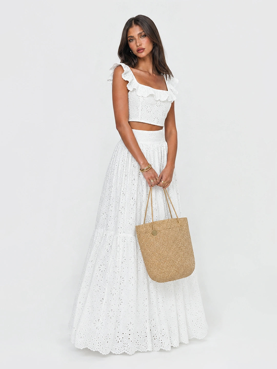 Ruffle Eyelet Cotton Maxi Skirt Set