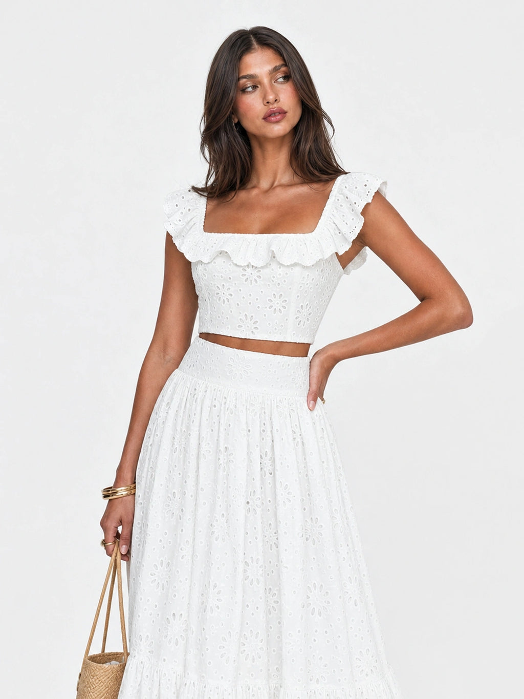 Ruffle Eyelet Cotton Maxi Skirt Set