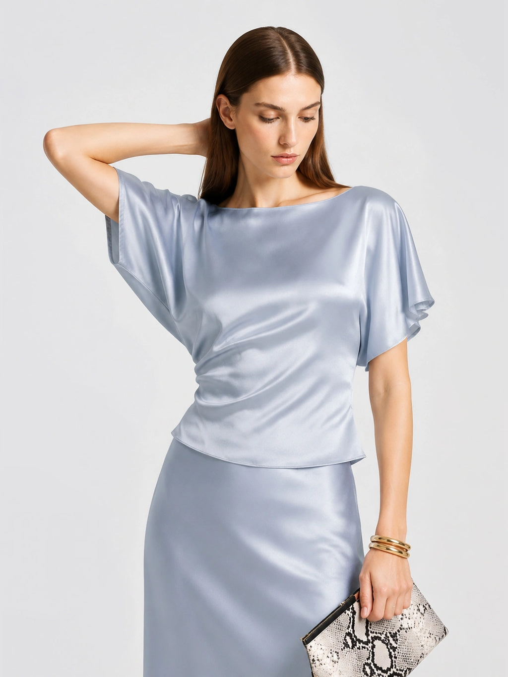 Satin Flutter Sleeve Tie Back Blouse