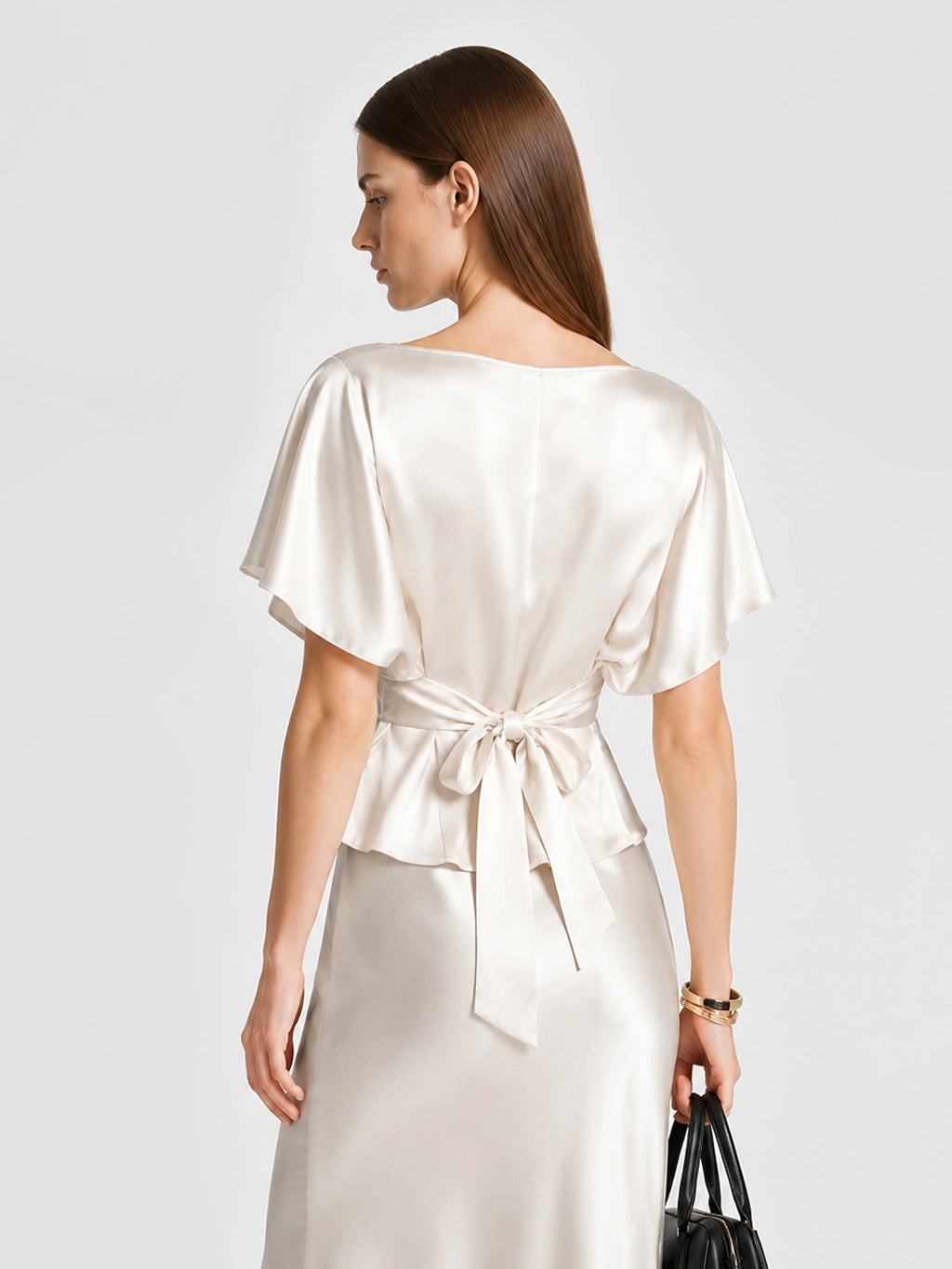 Satin Flutter Sleeve Tie Back Blouse