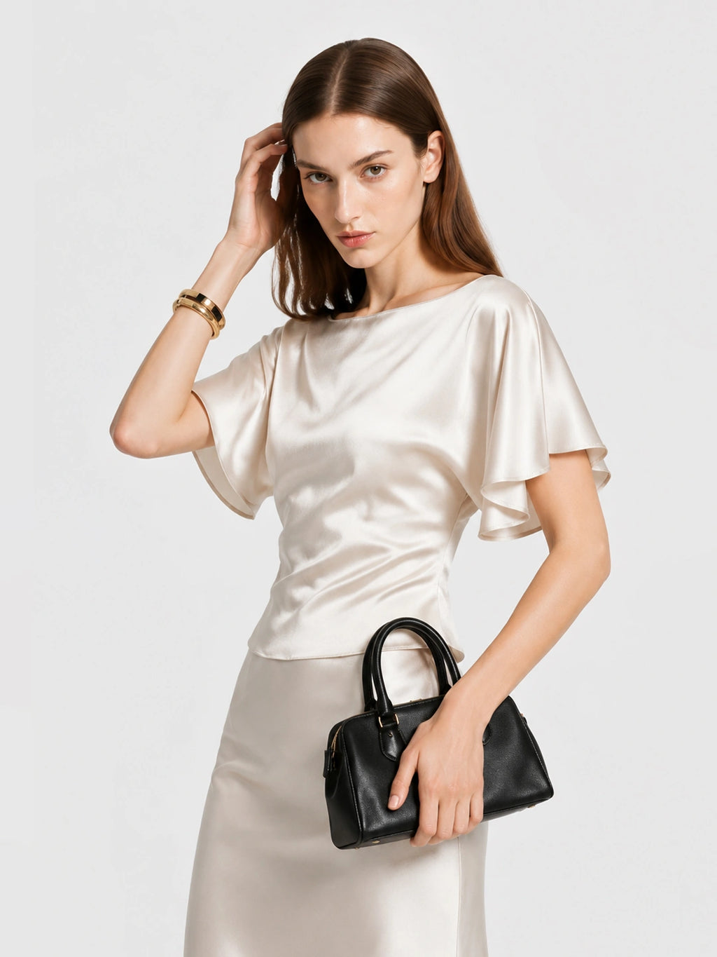 Satin Flutter Sleeve Tie Back Blouse