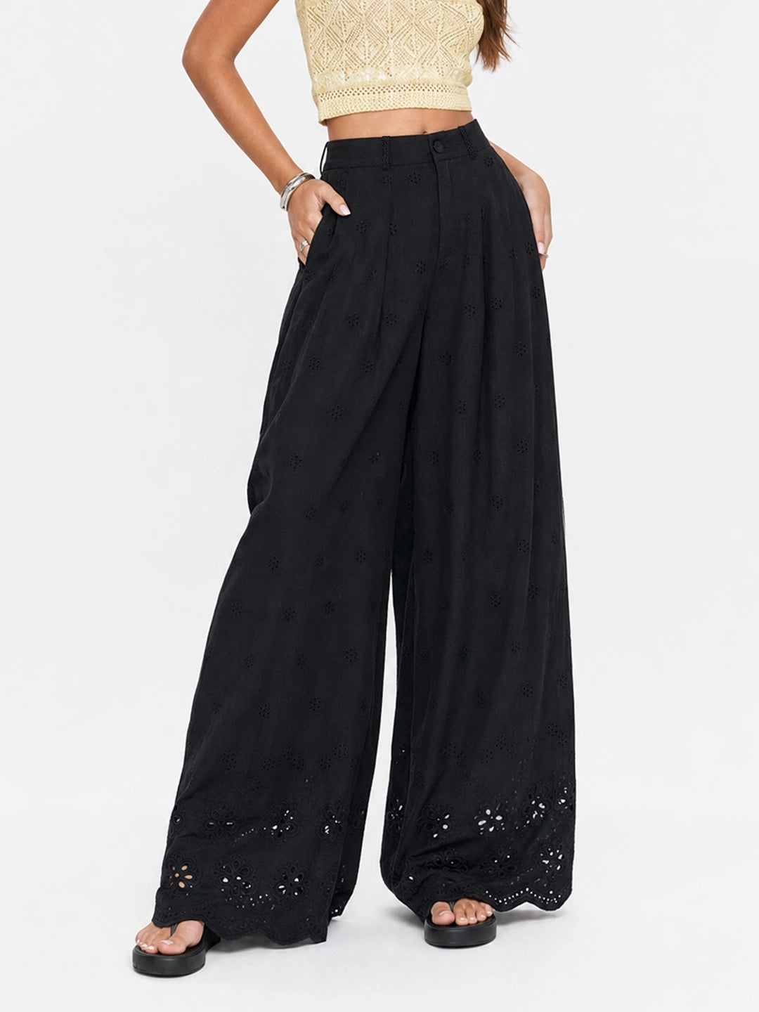 Scalloped Eyelet Cotton Wide-Leg Pants