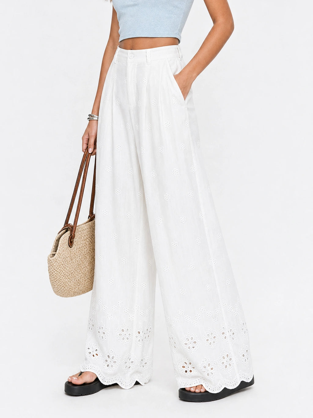 Scalloped Eyelet Cotton Wide-Leg Pants