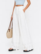 Scalloped Eyelet Cotton Wide-Leg Pants