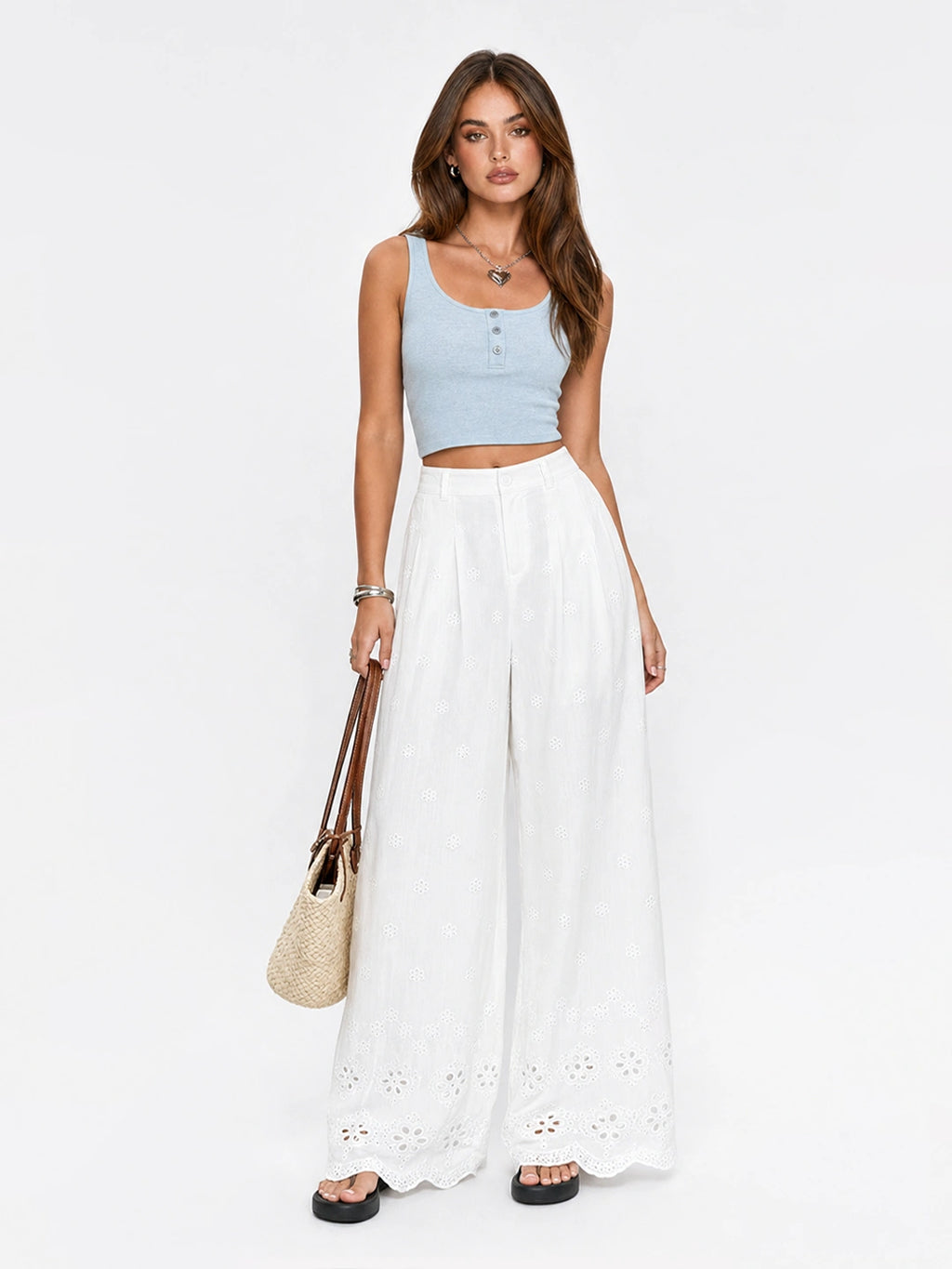 Scalloped Eyelet Cotton Wide-Leg Pants