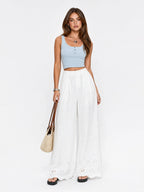 Scalloped Eyelet Cotton Wide-Leg Pants