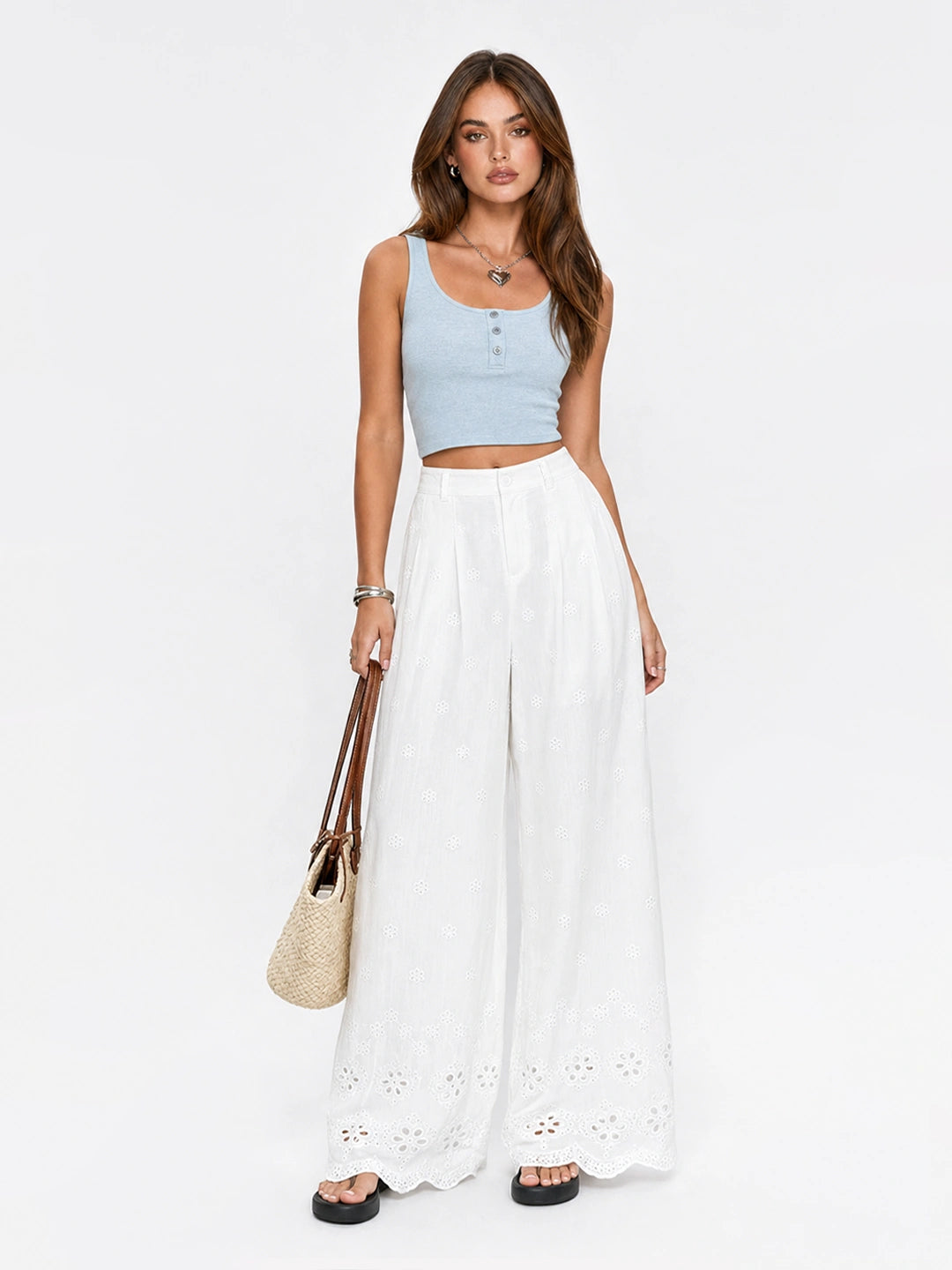 Scalloped Eyelet Cotton Wide-Leg Pants