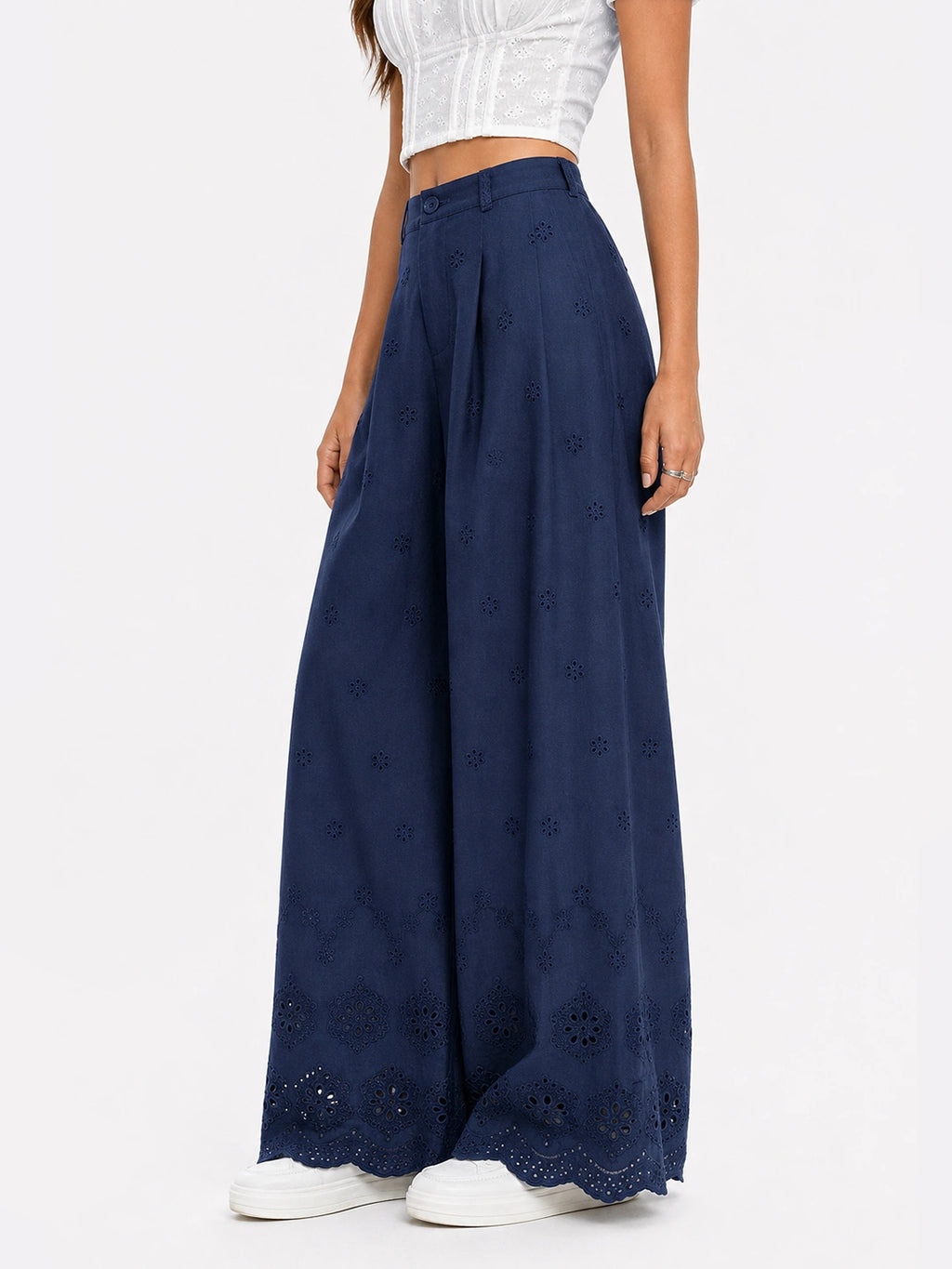 Scalloped Eyelet Cotton Wide-Leg Pants