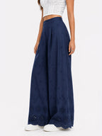 Scalloped Eyelet Cotton Wide-Leg Pants