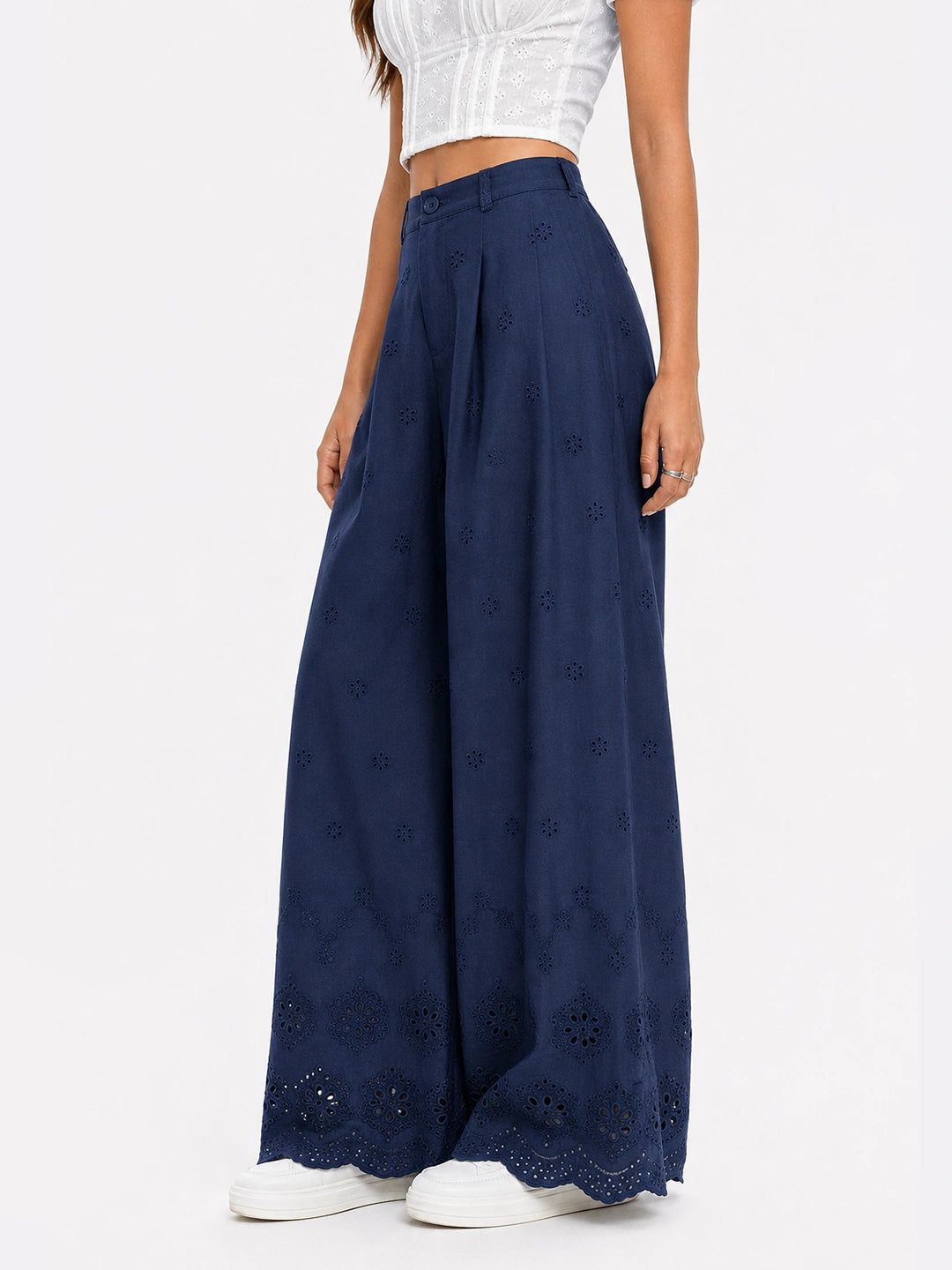 Scalloped Eyelet Cotton Wide-Leg Pants
