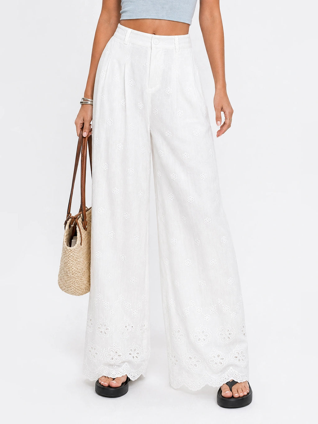 Scalloped Eyelet Cotton Wide-Leg Pants